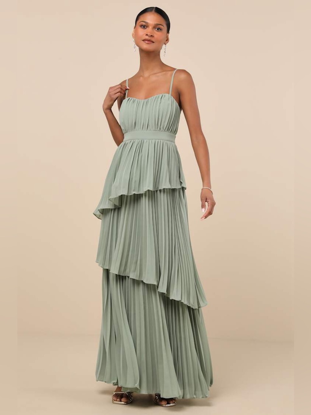 Jehona Sage Brush Pleated Tiered Maxi Dress